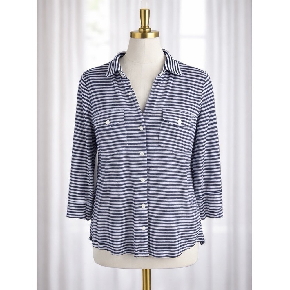 J.McLaughlin Linen Stretch Striped Button Down Shirt Luxe Coastal Navy White XS‎